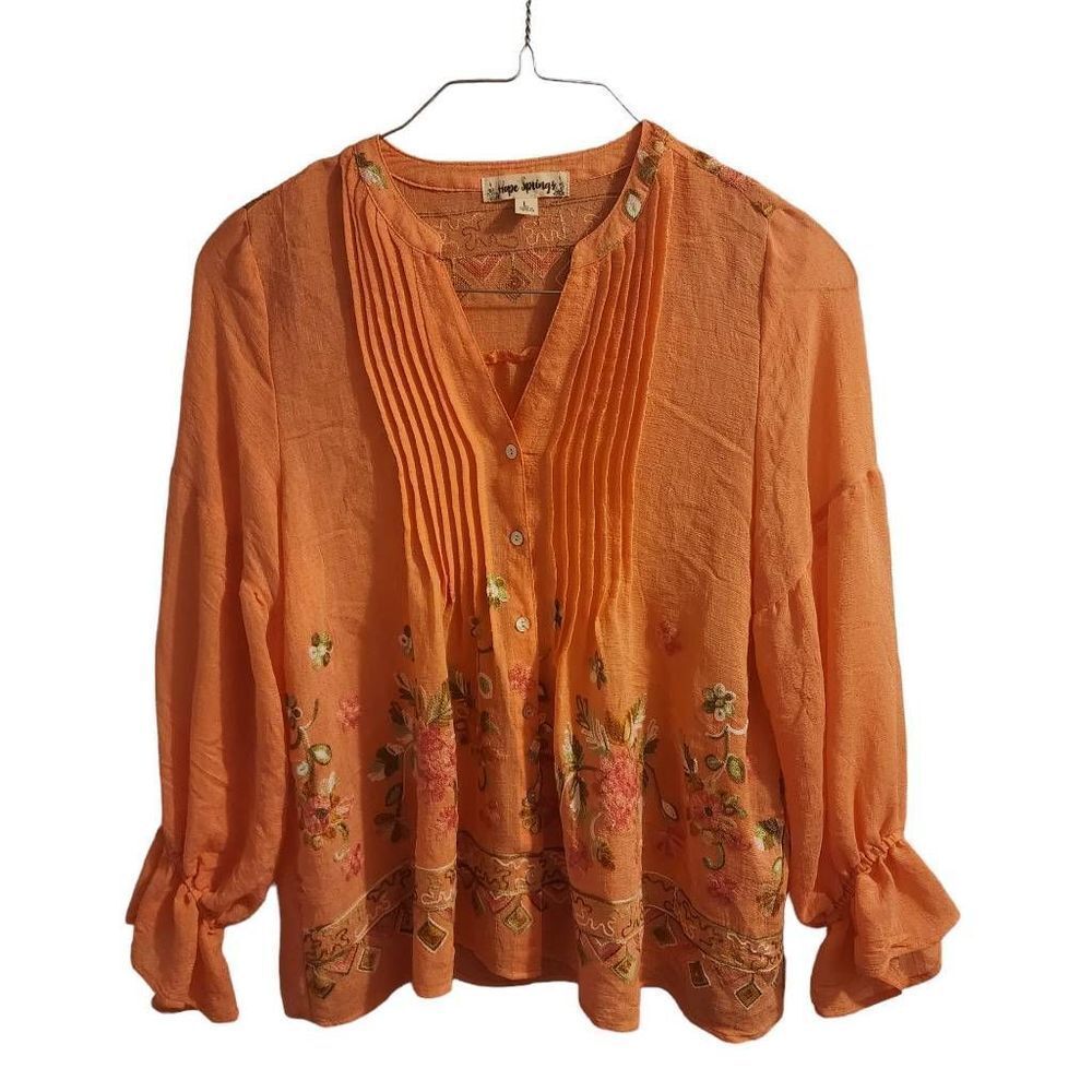 Hope Springs NWOT Bright Pink Embroidered Boho Button Down Lightweight Top Size